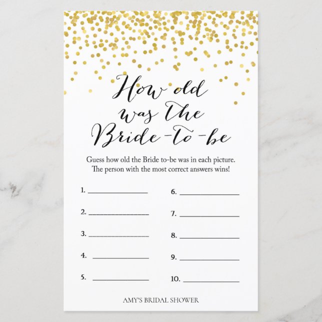 Gold Brautparty Game - Wie alt war die Braut (Vorderseite)