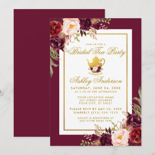 Gold Brautparty Tee Party Burgundy Einladung B