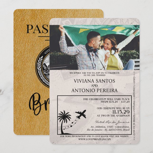 Gold Brazil Passport Hochzeitseinladung Einladung (Vorne/Hinten)