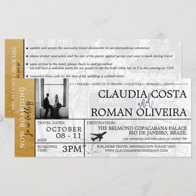 Gold Brazil Wedding Boarding Pass Einladung (Vorne/Hinten)
