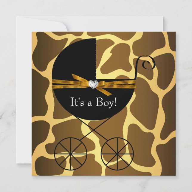 Gold Brown Carriage Boys Giraffe Babydusche Einladung (Vorderseite)