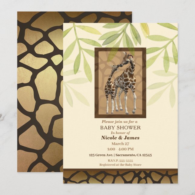 Gold Brown Kissing Giraffes Zoo Kinderdusche Einladung (Vorne/Hinten)
