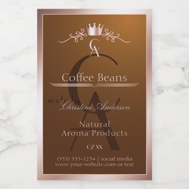 Gold Brown Product Label Rosegold Frame Monogram Lebensmitteletikett (Einzelnes Label)