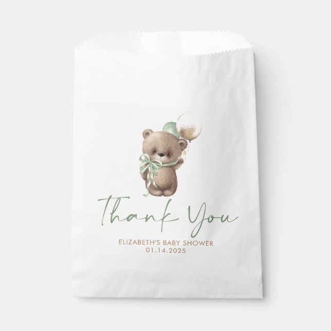 Gold Brown Sage Green Teddy Bear Baby Shower Geschenktütchen (Vorderseite)