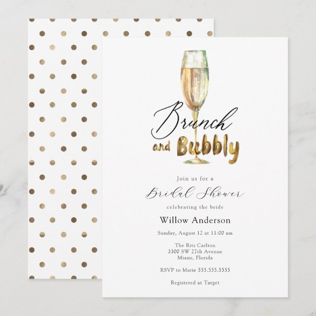 Gold Brunch und Bubbly Champagne Brautparty Inv Einladung (Vorne/Hinten)