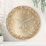 Gold Brushed Metal Glitter Monogram Name Große Wanduhr<br><div class="desc">Easily personalize this trendy chic wall clock design featuring pretty gold sparkling glitter on a gold brushed metallic background.</div>