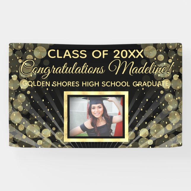 Gold Bubbles Rennen Custom Foto Abschluss Signieru Banner (Horizontal)