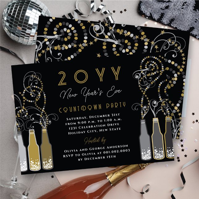 Gold Bubbly Flaschen Wirbel Silvesterabend Party Einladung (Gold Bubbly Bottles Swirls New Year's Eve Party Invitation @ fat_fa_tin)