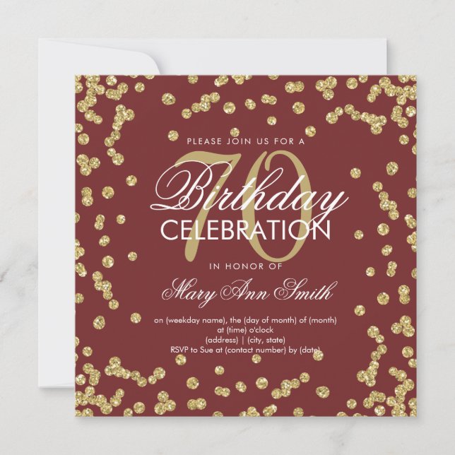 Gold Burgund 70. Geburtstag Glitzer Confetti Einladung (Vorderseite)