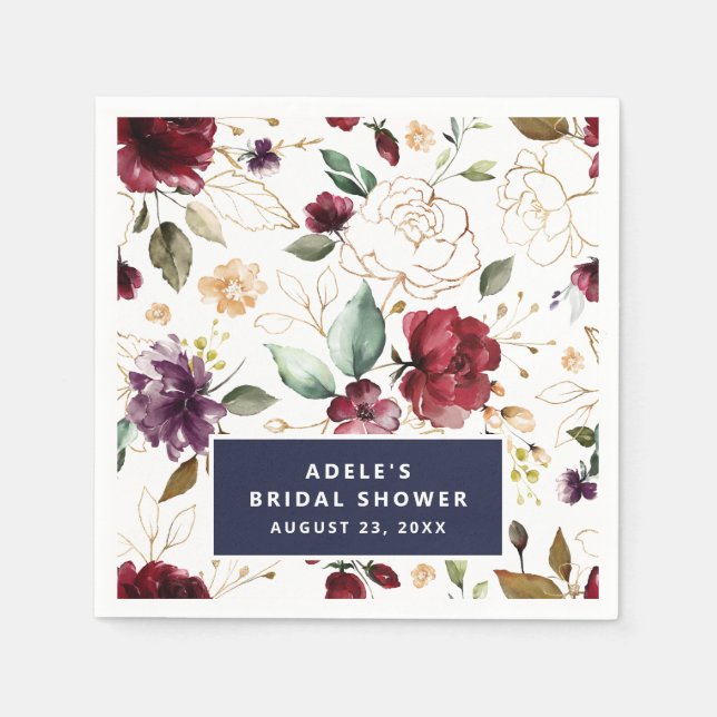 Gold Burgund Blumenmuster-Brautparty Serviette (Vorderseite)