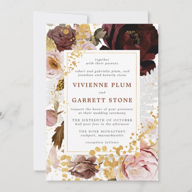 Gold Burgund Blush Pink Bloral Hochzeit Einladung (Vorderseite)