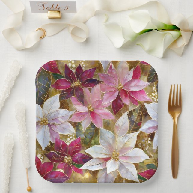 Gold Burgund Bronze Pink Red White Poinsettia Pappteller (Hochzeit)