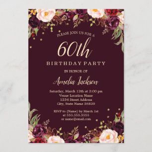 Gold Burgund Elegante Blumenparty zum 60. Geburtst Einladung