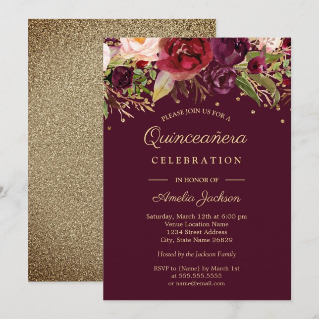 Gold Burgund Floral Wasserfarbe Quinceanera Einlad Einladung (Vorne/Hinten)