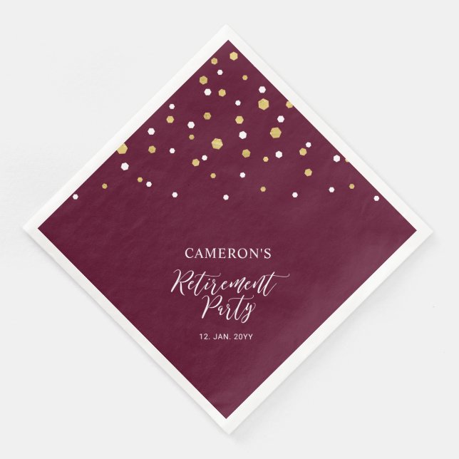 Gold & Burgund Red Chic Confetti Retirement Party Serviette (Ecke)