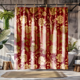 Gold & Burgund Red Floral Damask Muster Duschvorhang