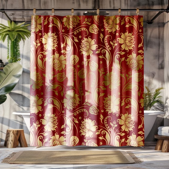 Gold & Burgund Red Floral Damask Muster Duschvorhang (Von Creator hochgeladen)