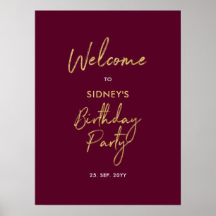 Gold & Burgund Red Modern Geburtstagsparty Willkom Poster