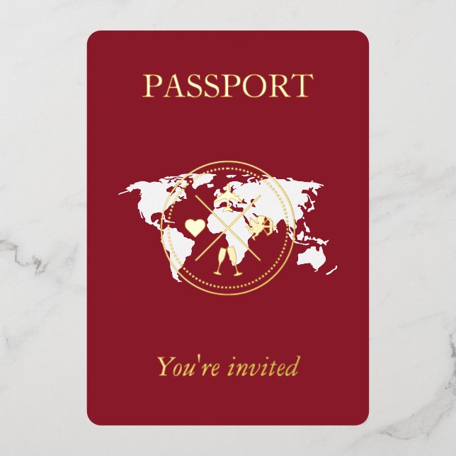 Gold & Burgund Red Passport Einzigartiges Hochzeit Folieneinladung (Vorderseite)