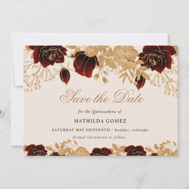 Gold Burgund Rose Quinceañera Save the Date Einladung (Vorderseite)