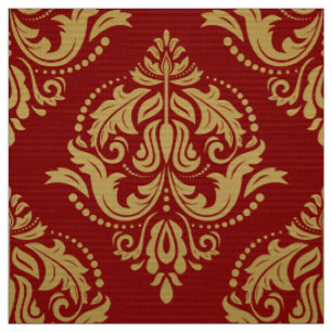 Gold & Burgund Rote Verzierte BlumenDamaskus Stoff