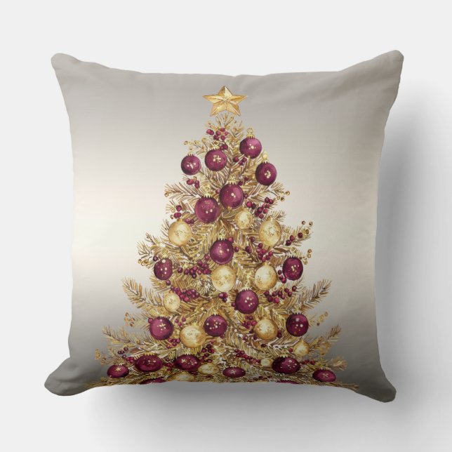 Gold Burgund Weihnachtsbaum Holiday Throw Kissen (Vorderseite)