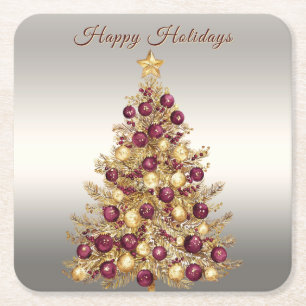 Gold Burgund Weihnachtsbaum Weihnachtsbuch Unterse Rechteckiger Pappuntersetzer