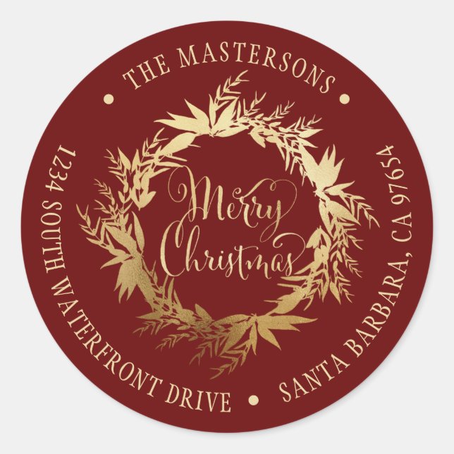 Gold Burgund Weihnachtskranz-Rücksendeadresse Runder Aufkleber (Vorderseite)