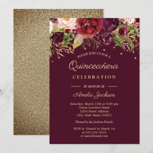 Gold Burgund Weinrote Wasserfarbe Quinceanera-Einl Einladung