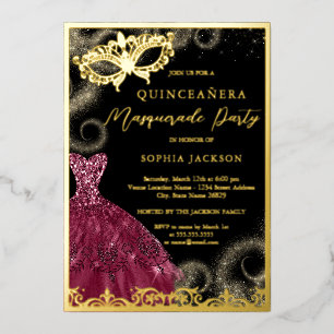 Gold Burgunder Kleid Maskenball Quinceanera  Folieneinladung