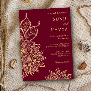 Gold Burgunder Mehendi Henna Indische Hochzeit Einladung
