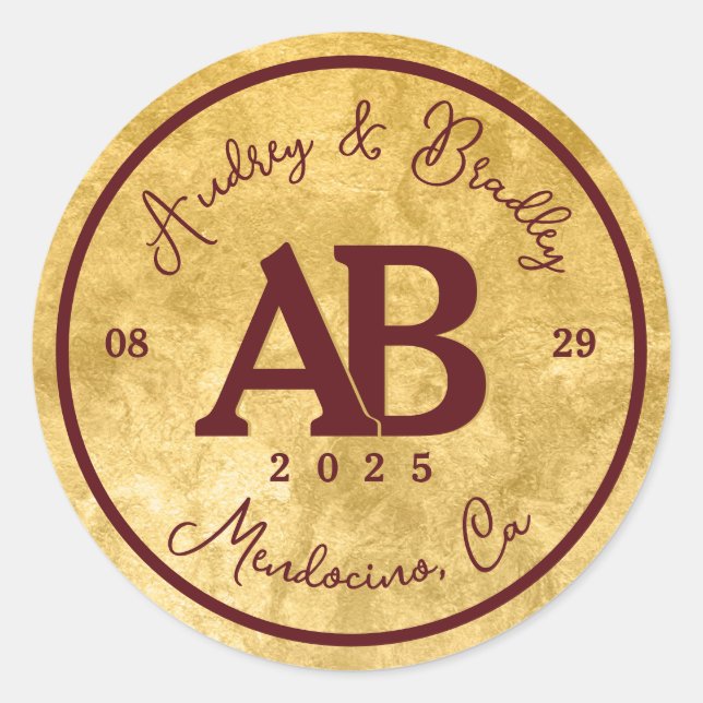 Gold Burgundy 2 Letter Monogram Wedding Runder Aufkleber (Vorderseite)