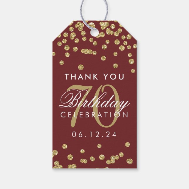 Gold Burgundy 70. Geburtstag Vielen Dank Glitzer Geschenkanhänger (Vorderseite)