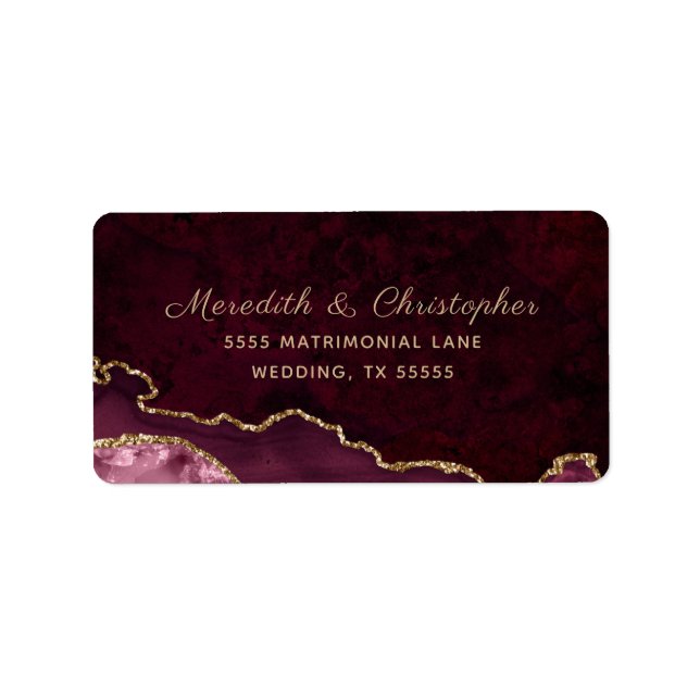 Gold Burgundy Agate Wedding Adressaufkleber (Vorne)