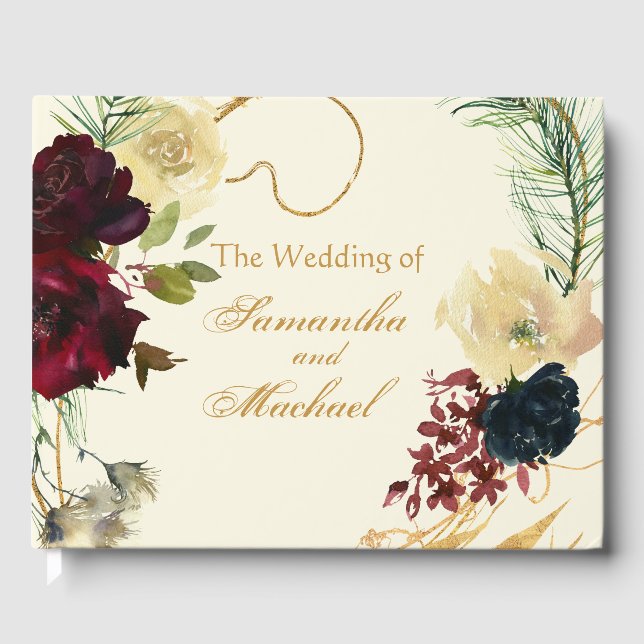 Gold Burgundy Blue Watercolor Blumenwedel Weddin Gästebuch (Vorderseite)