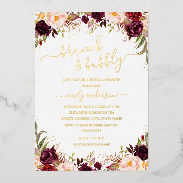 Gold Burgundy Blush Brautparty Folieneinladung (Vorderseite)