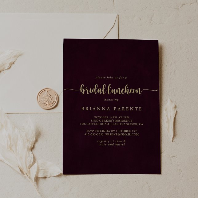 Gold Burgundy Bridal Luncheon Brautparty Einladung (Von Creator hochgeladen)