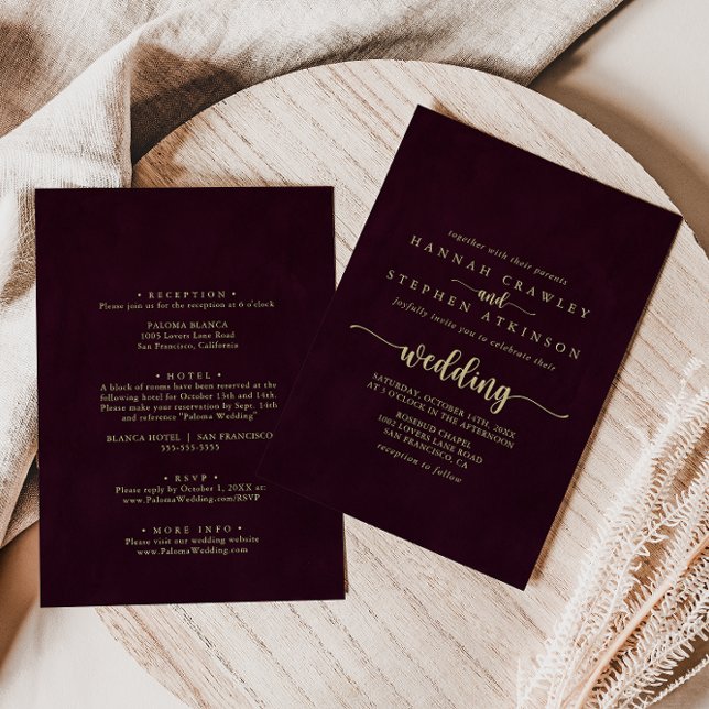 Gold Burgundy Calligraphy Front & Back Wedding Einladung (Von Creator hochgeladen)