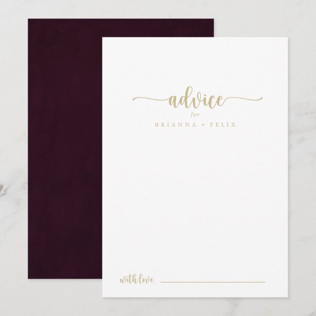 Gold Burgundy Calligraphy Wedding Advice Card Hinweiskarte (Vorne/Hinten)