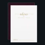 Gold Burgundy Calligraphy Wedding Advice Card Hinweiskarte<br><div class="desc">Diese goldene kalligraphische Hochzeitsratenkarte ist perfekt für eine rustikale Hochzeit. Das schlichte und elegante Design besticht durch eine goldene klassische und extravagante Schriftzeichen-Typografie im Hintergrund. Diese Karten sind ideal für Hochzeiten, Brautparty, Babydusche, Graduiertenfest u.v.m. Personalisieren Sie die Karten mit den Namen der Braut und Bräutigam, den Eltern, die Sie werden...</div>