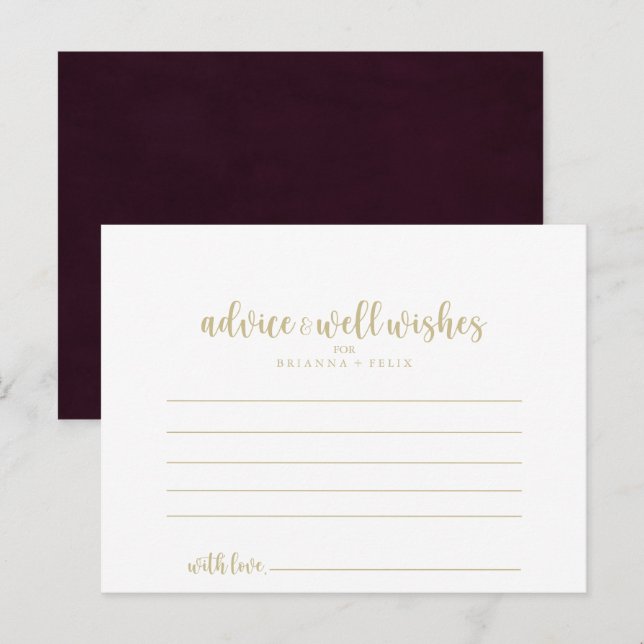 Gold Burgundy Calligraphy Wedding Advice Card Postkarte (Vorne/Hinten)