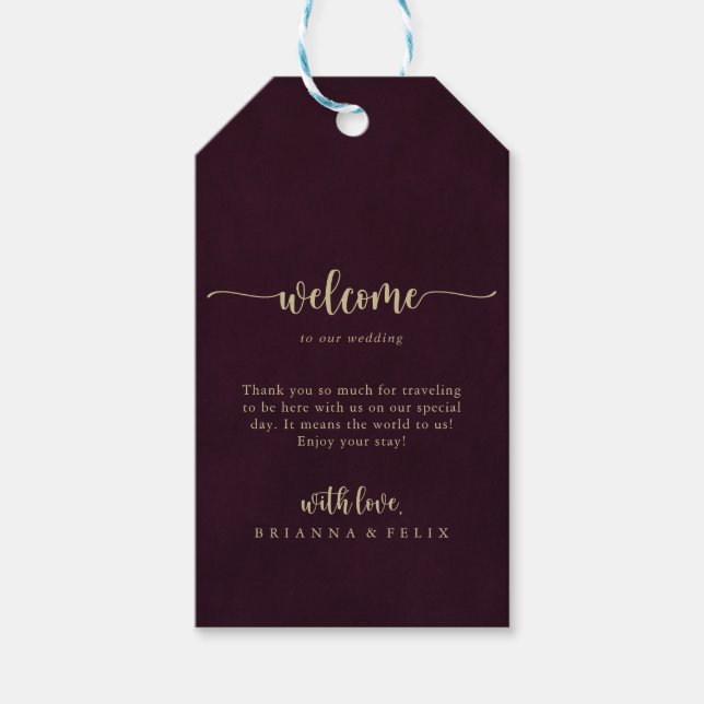 Gold Burgundy Calligraphy Wedding Willkommen Geschenkanhänger (Vorderseite)