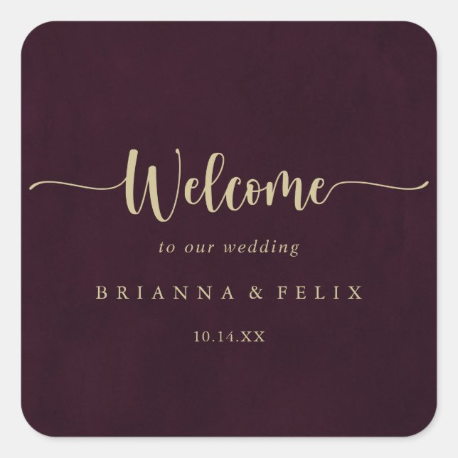 Gold Burgundy Calligraphy Wedding Willkommen Quadratischer Aufkleber (Vorderseite)