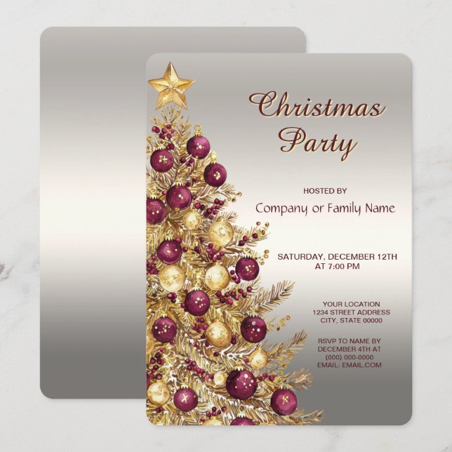 Gold Burgundy Christmas Tree Holiday Party Einladung (Vorne/Hinten)