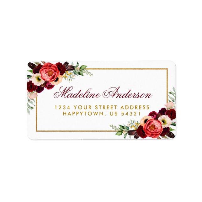 Gold Burgundy Floral Boho Wedding Address Adressaufkleber (Vorne)
