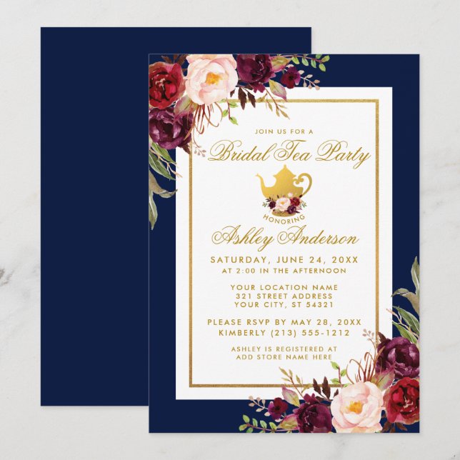 Gold Burgundy Floral Bridal Tea Party Invitation b (Devant / Derrière)