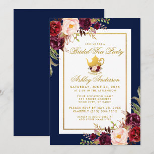 Gold Burgundy Floral Bridal Tea Party Invitation b