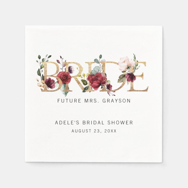 Gold Burgundy Floral BRIDE Brautparty Serviette (Vorderseite)