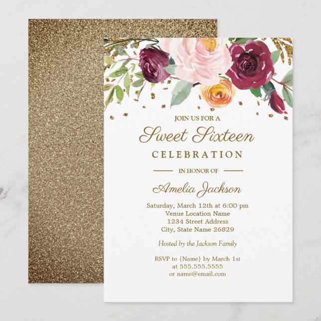 Gold Burgundy Floral Glitzer 16 . Geburtstag Einladung (Vorne/Hinten)