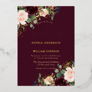 Gold Burgundy Floral Sparkle Wedding Real Folieneinladung